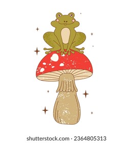 Retro 70s groovy funky frog with mushroom. Frog character sitting on mushroom. Naive groovy toad psychedelic vintage illustration.