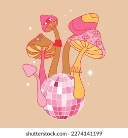 Retro 70s groovy funky mushrooms and disco ball. Crazy vector vintage hippy psychedelic style illustration. Design for sticker, poster, t-shirt, postcard etc.