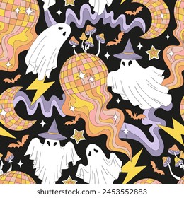 Retro 70s groovy Halloween party with disco ball ghosts in white blanket trippy fantasy mushrooms vector seamless pattern. Hand drawn linear style October 31st holiday trick or treat event themed