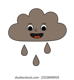 Retro 70s groovy happy cloud character with raindrops. Rain mascot with emotional face. Cartoon isolated vector illustration