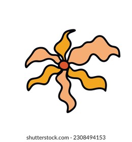 Retro 70s Groovy Hippie flower element. Psychedelic cartoon element - funky illustration in vintage hippy style. Vintage vector illustration isolated on white background. Floral for poster.