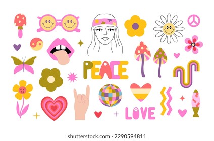 Retro 70s Groovy Hippie revival set. Y2k. Retro vibes. Daisies, rainbows, mushrooms, hearts, lava lamp, smiling flowers, flower child, cute cartoon flowers. Isolated sticker pack. Nostalgia