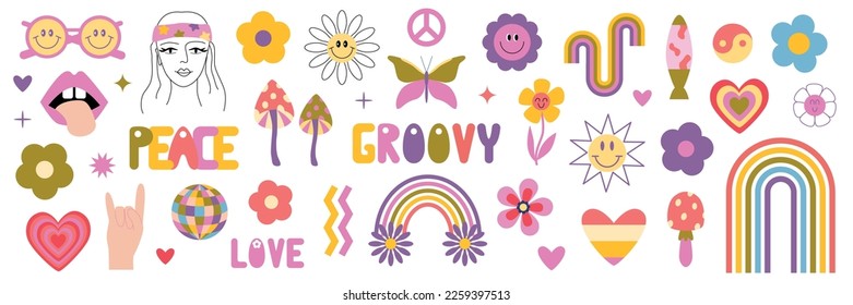 Retro 70s Groovy Hippie set. Y2k. Retro vibes. Groovy daisy flowers, rainbows, mushrooms, sign peace, hearts, lava lamp, smiley flowers, flower child, cute cartoon flowers. Isolated sticker pack.