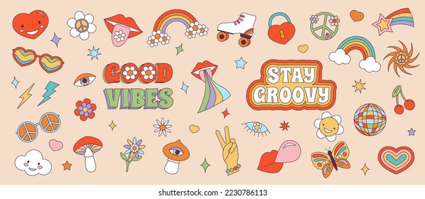 Retro 70s Groovy Hippie sticker set. Psychedelic cartoon elements -funky daisy flower, mushroom, eye, rainbow, peace, love, heart, cherrie, disco ball, roller in vintage hippy style. Vector set