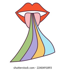 Retro 70s Groovy Hippie sticker lip rainbow. Psychedelic cartoon element -funky illustration in vintage hippy style. Vector flat illustration for banner, flyer, invitation, card.