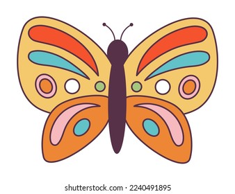 Retro 70s Groovy Hippie sticker butterfly. Psychedelic cartoon element -funky illustration in vintage hippy style. Vector flat illustration for banner, flyer, invitation, card.