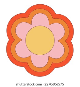 Retro 70s Groovy Hippie sticker daisy flower. Psychedelic cartoon element -funky illustration in vintage hippy style. Vector flat illustration for banner, flyer, invitation, card.