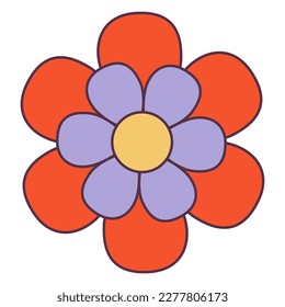 Retro 70s Groovy Hippie sticker daisy flower. Psychedelic cartoon element -funky illustration in vintage hippy style. Vector flat illustration for banner, flyer, invitation, card.