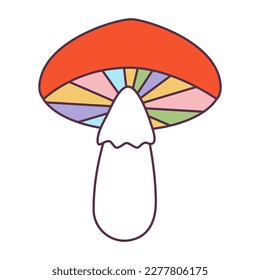 Retro 70s Groovy Hippie sticker stylizes hippie mushroom. Psychedelic cartoon element -funky fungus illustration in vintage hippy style. Vector flat illustration for banner, flyer, invitation, card.