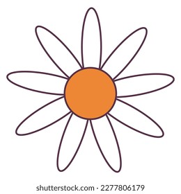 Retro 70s Groovy Hippie sticker daisy flower. Psychedelic cartoon element -funky illustration in vintage hippy style. Vector flat illustration for banner, flyer, invitation, card.