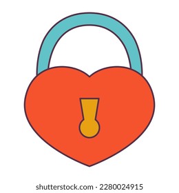 Retro 70s Groovy Hippie sticker lock heart. Psychedelic cartoon element -funky illustration in vintage hippy style. Vector flat illustration for banner, flyer, invitation, card.