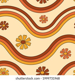 Retro 70s Groovy Lines And Floral Pattern Background.