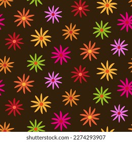 Retro 70s groovy multi colored flowers seamless pattern in red, yellow, pink, green, orange and purple on dark brown background. For retro backgrounds, textile and fabric