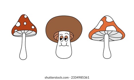 Retro 70s groovy mushrooms set. Amanita (fly organic) and porcini with a satisfied face. Cartoon isolated vector illustration