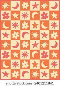 Retro 70s groovy pattern with vintage hand drawn daisy flower star sun and moon symbols print for graphic tee t shirt or poster - Vector