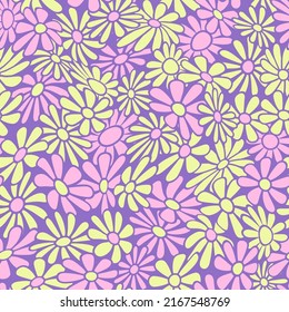 Retro 70s groovy print. Hippie nostalgic vector seamless pattern.Vintage floral background. Textile and surface design in fresh colours