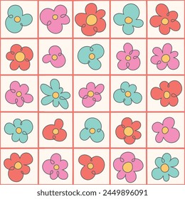Retro 70s groovy psychedelic seamless pattern background. Cartoon hippie style flowers grid, hand drawn simple daisies.