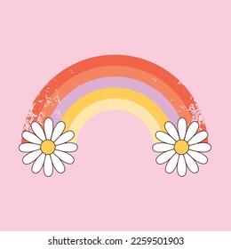 Retro 70s groovy rainbow with flowers. Vector positive illustration for peace, hippy, pacifism concept.