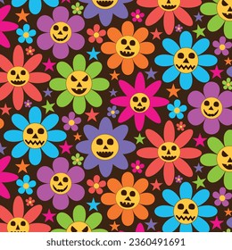 Retro 70s Groovy Scary Halloween  flowers seamless pattern with stars in purple, blue, pink, green and red on dark background. For Halloween fabric, textile and decoration 