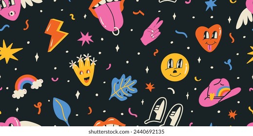 Retro 70s groovy seamless pattern. Cartoon funky print with emoji, flower, lips, eyes. Print for fabric, textiles, cover, background. 