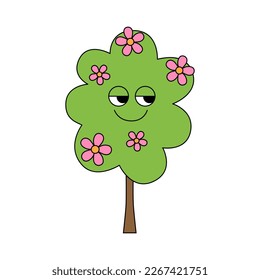 Retro 70s groovy smiling blooming tree character with pink flowers. Cartoon hippie isolated vector illustration