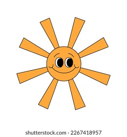 Retro 70s groovy smiling sun character. Cartoon hippie isolated vector illustration