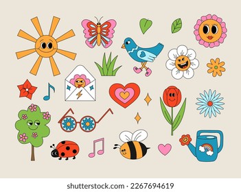 El resorte de los años 70 retro y los elementos de verano. Emsticadores hippie divertidos con flores de dibujos animados, hojas, árboles, hierba, pájaros, insectos, corazón, sol, gafas de sol, latas de riego, etc. Ilustración vectorial aislada