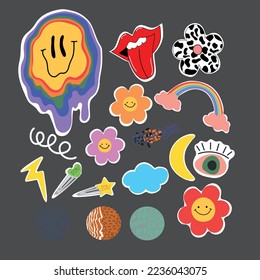 Retro 70s groovy stickers, psychedelic hippie elements. Funky cartoon smile, flowers, rainbow,eye, vintage set of vector elements in vintage style. 