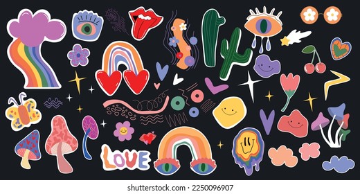 Retro 70s groovy stickers, psychedelic hippie elements. Funky cartoon mushrooms, flowers, rainbow, vintage set of vector elements in vintage style. 