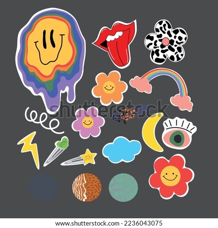 Retro 70s groovy stickers, psychedelic hippie elements. Funky cartoon smile, flowers, rainbow,eye, vintage set of vector elements in vintage style. 