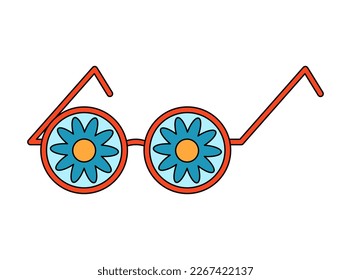 Retro 70s groovy sunglasses with flower reflection. Cartoon hippie isolated vector illustration