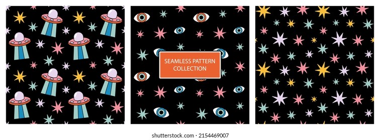 Retro 70s groovy vector seamless pattern set. Hippie funky ufo background. Cartoon cosmos with stars and eyes wallpaper.