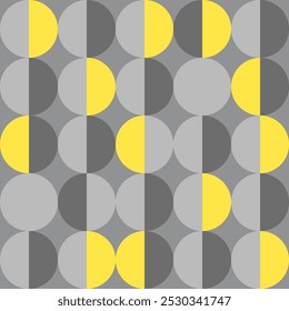 Motif d'Image vectorielle gris jaune style rétro 70s demi-cercles midcentury. Cercles optiques en mosaïque aux couleurs rétro des années 70: motif lumineux harmonieux jaune et gris.