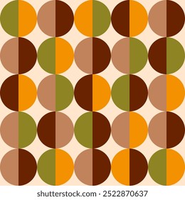 Retro 70s half circles mosaic midcentury style brown moss Vector Pattern. Optical circles mosaic in retro 70s colors: moss green, mustard yellow, brown, beige and cream.
