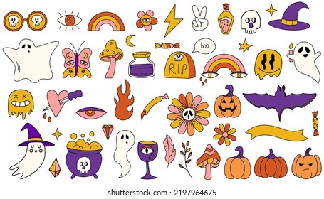 Retro 70s Halloween big set of elements. Doodle psychedelic halloween illustrations. Vector holiday elements. Ghost, pumpkins, smiles, witch hat, bat, candy