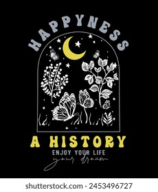 Retro 70's Happiness a history slogan print with vintage flowers for girls and women's - kids tee t shirt or sticker - Vector