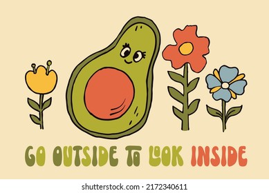 Retro 70s hippie avocado illustratoin. Psychedelic groovy style