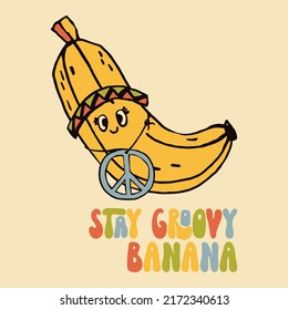 Retro 70s hippie banana illustratoin. Psychedelic groovy style