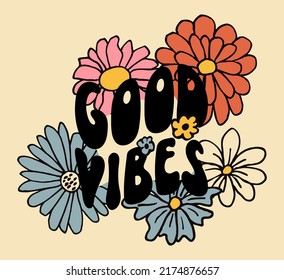 Retro 70s hippie flowers illustratoin. Psychedelic groovy style cute summer floral print