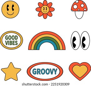 Retro 70s hippie groovy stickers, vector. Smile, flower, eyes, rainbow, fly agaric, star, heart. Caption Good vibes and Groovy.