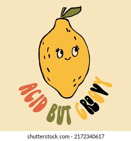 Retro 70s hippie lemon illustratoin. Psychedelic groovy style