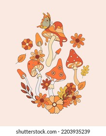 Retro 70s hippie mushrooms, leaves and butterfly flat vector illustration. Vintage autumn vibe psychedelic elements in 80s style.