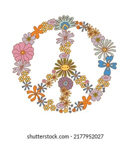 Retro 70s hippie peace sign floral wreath vector illustration isolated on white. Boho groovy floral pacifist symbol. Flower power. Flower child t-shirt print.