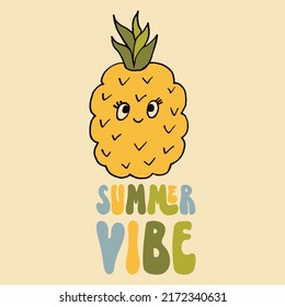 Retro 70s hippie pineapple illustratoin. Psychedelic groovy style