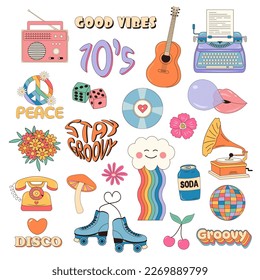 Retro 70s hippie psychedelic groovy elements. 70s nostalgic badges. 