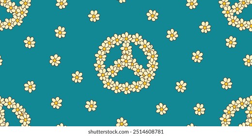 Retro 70s Hippie Seamless Pattern, Hippie Peace Symbol with Daisies. Psychedelic Groovy Elements.