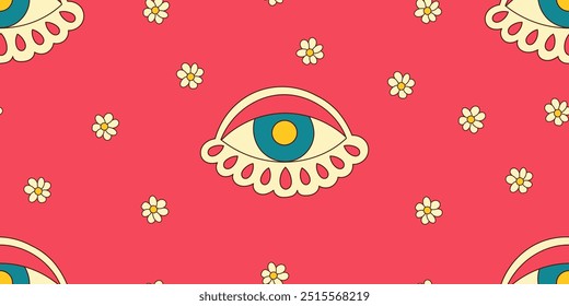 Retro 70s Hippie Seamless Pattern, Hippie Eye with Daisies. Psychedelic Groovy Elements.