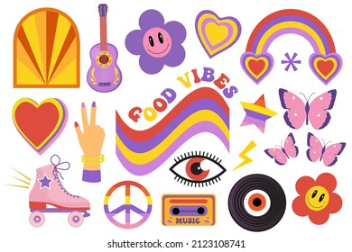 Retro 70s, hippie sticker objects set, psychedelic trippy groovy elements for t-shirts. Cartoon funky vintage hippy style element. vector illustration, clip art