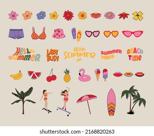 Retro 70s hippie stickers, groovy elements. Women, flowers, rainbow, vintage, skateboard, hippy style element vector summer set.