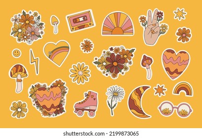 Retro 70s hippie stickers, groovy elements. Cartoon funky mushrooms, flowers, rainbow, peace hand, roller, hearts, flower vintage hippy style element vector set.